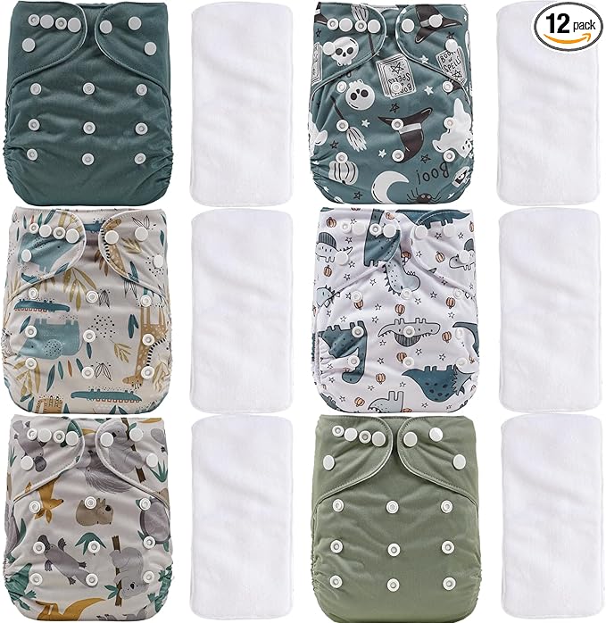 CoolaPeach 12 Set Reusable Adjustable Cloth Diapers for Newborn to 0-3 Years,One Size Washable Pocket Nappy Covers for Baby Girl and Boy,6 Pack Cloth Diapers+6pcs Microfiber Inserts (NCP04)