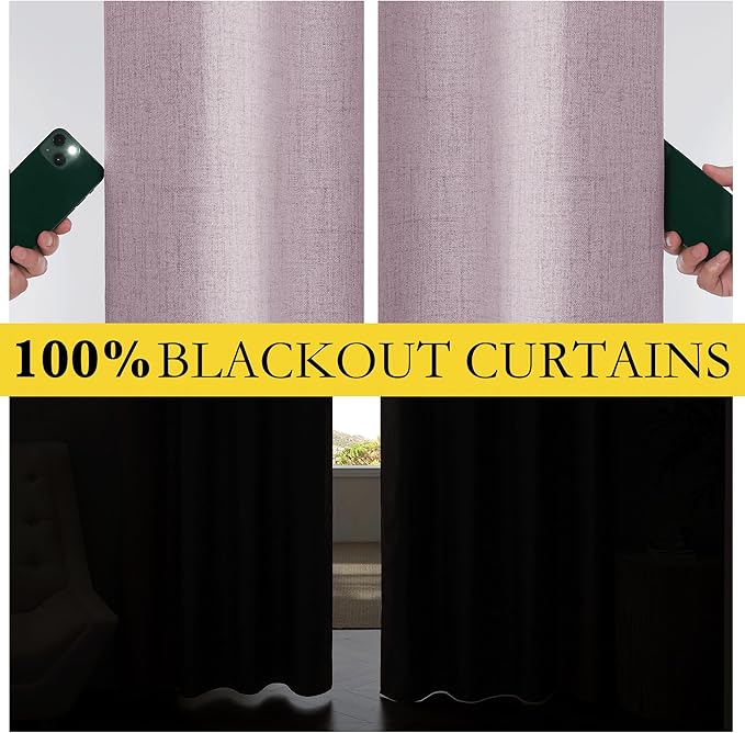 NICETOWN Pink Vintage Linen 100% Blackout Curtains for Living Room, 52" Wide Per Panel, Set of 2, Thermal Insulated Curtains 90" Long, Noise Reducing Window Treatment Drapes for Hall Room