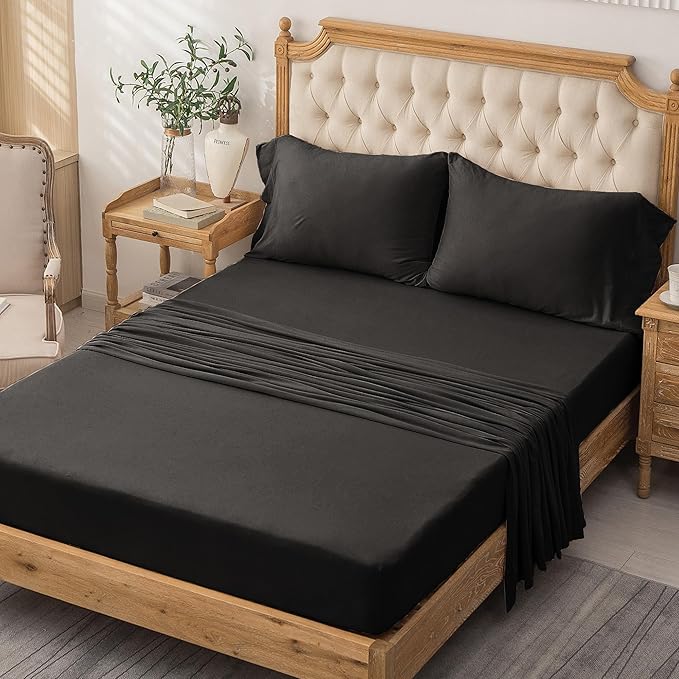 PURE ERA Jersey Knit 3pc Bed Sheet Set 100% T-Shirt Cotton Super Soft Comfy Breathable Fits Mattress Up to 20" Extra Deep Pocket (Solid Black, Twin)