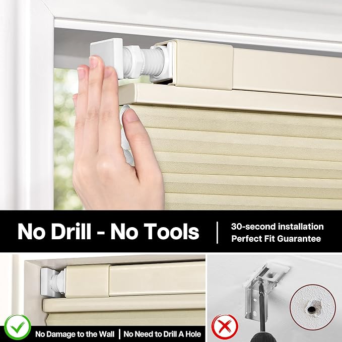 Lazblinds Upgraded Top Down Bottom Up (TDBU) Honeycomb Blinds, No Drill No Tools Easy Install Cordless Cellular Shades for Windows 30" W x 64" H, Beige - Light Filtering