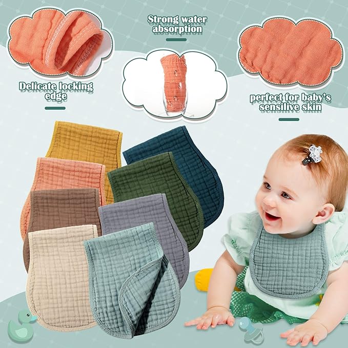 Frienda 8 Pack Muslin Burp Cloths for Baby Large 20 x 10 Inch Cotton Burp Rags for Spit up Drool Absorbent Soft Multicolor Wash Cloths Diapers for Newborn Girl Boy Essential Shower Gift(Vivid Color)