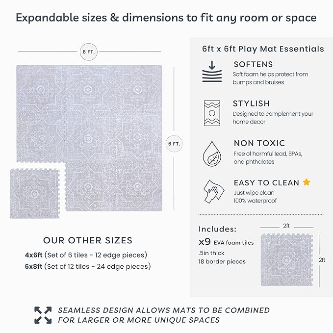 Baby Play Mat for Floor - Layla (6x6ft) - Premium EVA Foam Play Mat for Babies & Toddlers (Ages 0-5+) - Non-Toxic Playmat for Tummy Time, Crawling & Playroom - Stylish & Comfortable