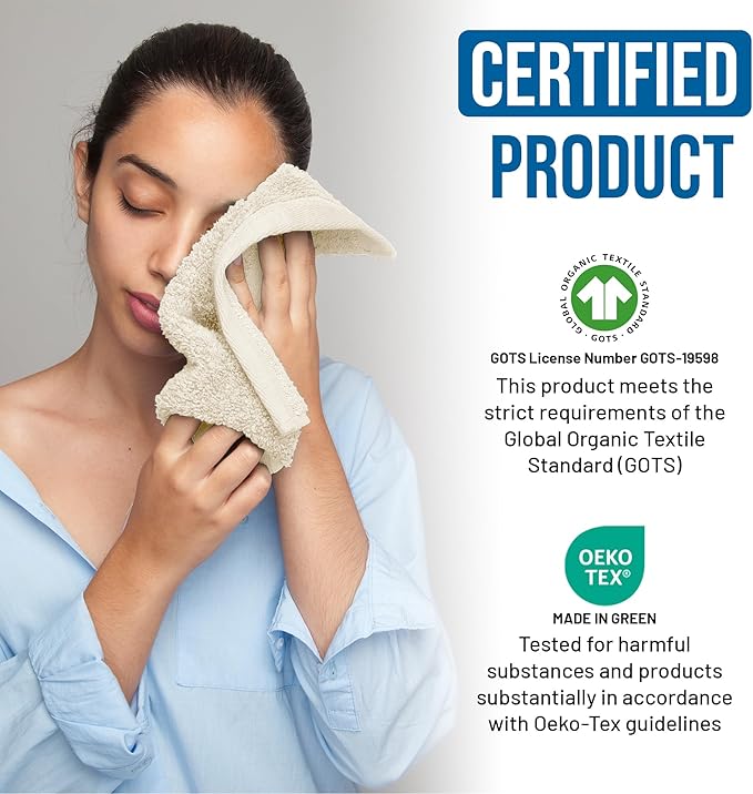Organic Cotton Wash Cloths Plush Feather Touch Quick Dry Wash Cloths Pack of 12 GOTS & Oeko- TEX Certified | Premium Soft, Absorbent, Small Hand Face Towels Wash Rags– Taupe