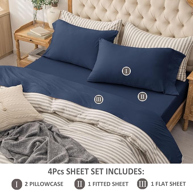 PURE ERA Jersey Knit 4pc Bed Sheet Set 100% T-Shirt Cotton Super Soft Comfy Breathable Fits Mattress Up to 20" Extra Deep Pocket (Solid Navy Blue, Queen)