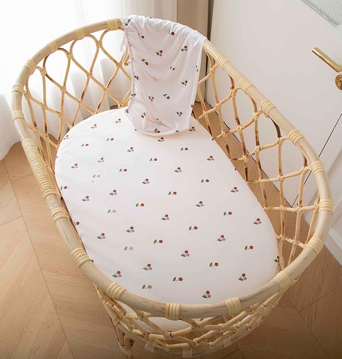SDY Jersey Cherry Bassinet Sheets for Baby Girls,32 "x 16 "x 4", 2 Pack,Pink Cute Kawaii Standard Oval/Retangle Fitted Bassinet Sheets for Toddler,Super Soft Breathable