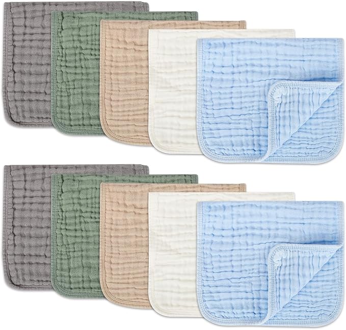 Arnzion Muslin Burp Cloths Set for Babies 100% Cotton Baby Washcloths, Large 20''x10'' Extra Absorbent and Soft 10 Pack for Boys & Girls Blue Grey Green