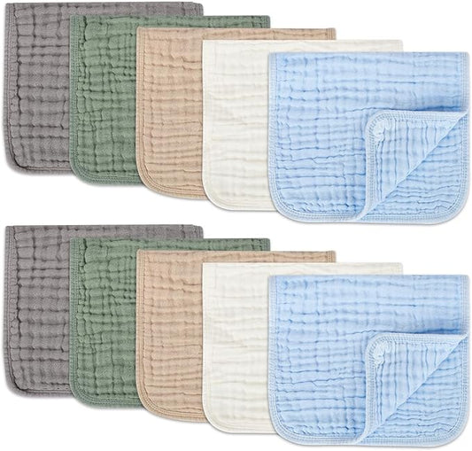 Arnzion Muslin Burp Cloths Set for Babies 100% Cotton Baby Washcloths, Large 20''x10'' Extra Absorbent and Soft 10 Pack for Boys & Girls Blue Grey Green