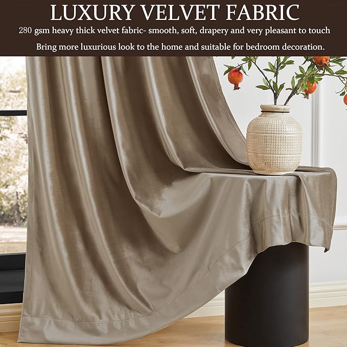 PRIMROSE Blackout Taupe Velvet Curtains 72 inch Long for Living Room,Set of 2 Panels Liner Rod Pocket Back Tab Thermal Window Curtains Drapes Room Darkening Heavy Decorative Curtains for Bedroom