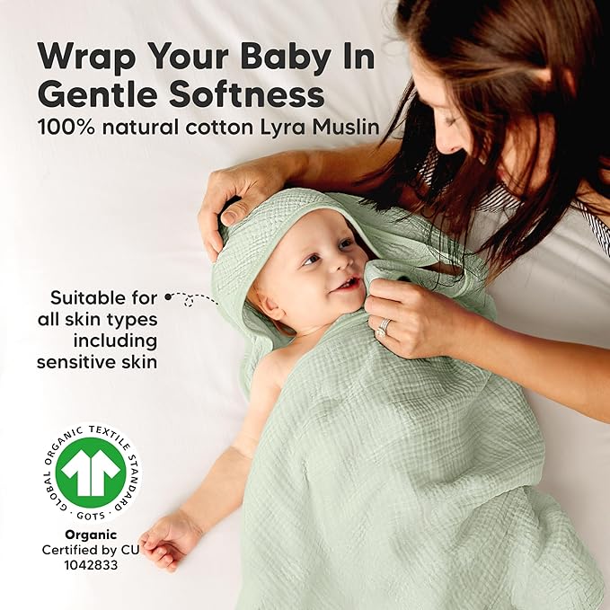 KeaBabies Muslin Hooded Baby Towels for Newborn Girls, Boys - 2-Pack, 30x30 Organic Cotton Baby Bath Towels Hooded, Soft Absorbent, Toddlers, Kids, Infant, Newborn Bath Essentials (Sage, Petite)