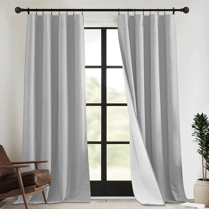 RYB HOME 4 in 1 Set Dust Filter - Soundproof - Blackout - Insulating, Energy Efficiency Linen Curtains for Kids Bedroom Living Room Divider Apartment Hotel Office Theatre, Grey, W 52 x L 95, 2 Pcs