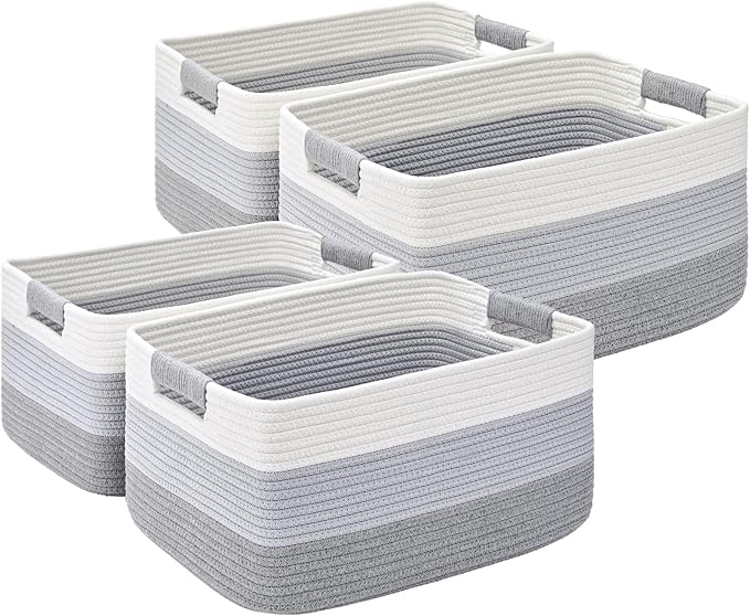 4 Pack Large Storage Basket for Organizing, 17.5"x13.5"x7.5" Woven Basket for Shelves, Closet Cube Storage Bins with Wrapped Handle, Cotton Rope Baskets for Kitchen, Clothes, Toys(Gradient Grey)