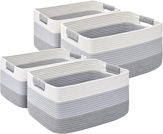 4 Pack Large Storage Basket for Organizing, 17.5"x13.5"x7.5" Woven Basket for Shelves, Closet Cube Storage Bins with Wrapped Handle, Cotton Rope Baskets for Kitchen, Clothes, Toys(Gradient Grey)