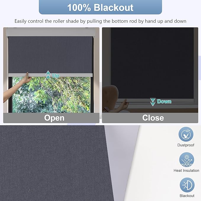 Allesin 100% Blackout Cordless Roller Shades for Windows, Free-Stop Shades, Thermal Insulated, UV Protection, Waterproof Fabric, Easy to Install for Home, Office, Bathroom (Dark Gary 33 x 72)