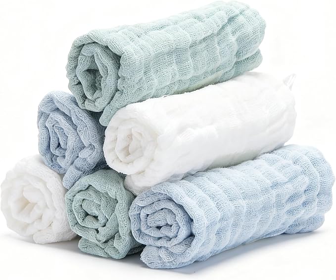 Bear Rocket Organic Muslin Baby Washcloths 6 Pack Baby Bath Face Towel 12x12 Inch Extra Absorbent and Soft Burp Cloth and Wash Cloths for Newborn-Infants On Sensitive Skin (White Blue Green)