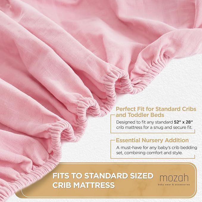 MOZAH Organic Muslin Crib Sheets, Soft and Breathable Bedding for Baby Girls or Boys, Snug Fitted Sheet for Standard Cribs & Toddler Mattresses, 2 Pack, Pink