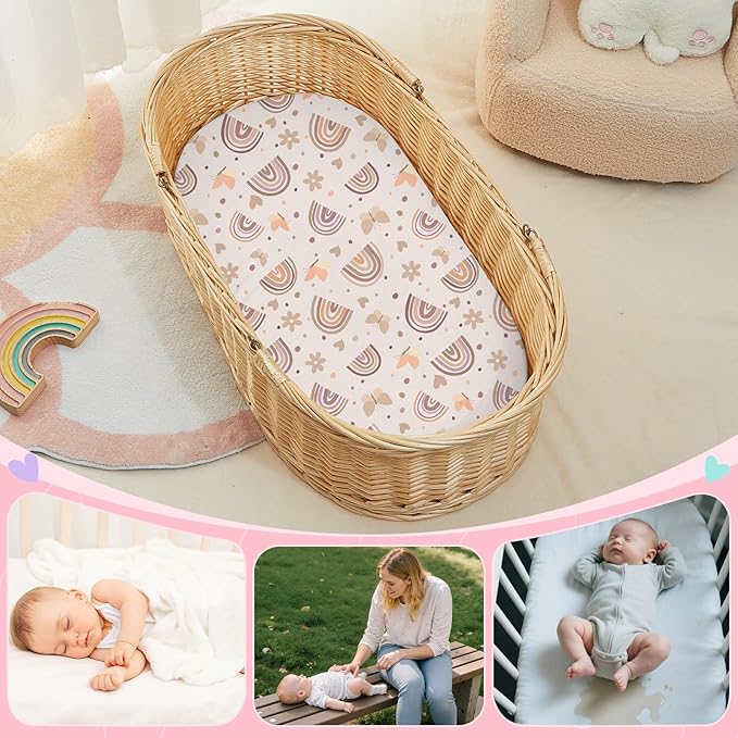 FIOBEE Baby Bassinet Sheets for Girls Boys 2 Pack Waterproof Bassinet Mattress Elastic Fitted Crib Sheets Universal Fit for Hourglass Oval and Rectangle Bassinet Sheet, Light Mocha