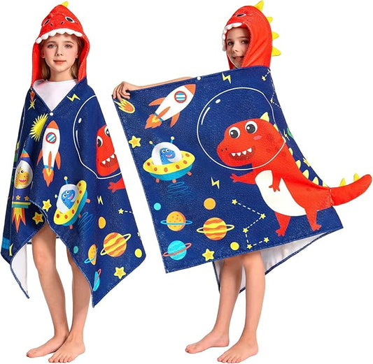 OLAOLA Space Dinosaur Hooded Towel for Kids 3-12 Years, Soft Thick Absorbent Beach Towels, Toddler Bath Towel Wrap 28" x 53", Swim Pool Towels Poncho for Boys Girls