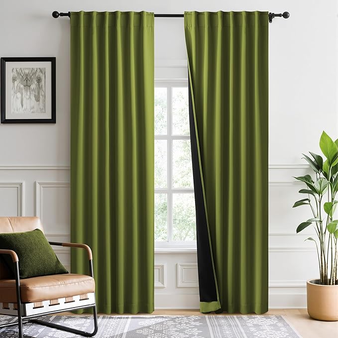 NICETOWN Olive Green 100% Blackout Curtains for Bedroom, 52x84 Inches Set of 4 for Living Room, Rod Pocket Back Tab & Noise Reducing Drapes Black Lined Insulated Window Treatment Panels