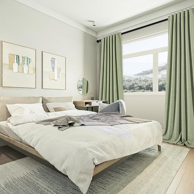 Bedroom 100% Blackout Long Curtains Panels, 1 Pair, 55 inches by 96 Inch, Sage Green, Triple Weave Energy Saving Thermal Insulated Solid Back Tab Blackout Draperies for Patio