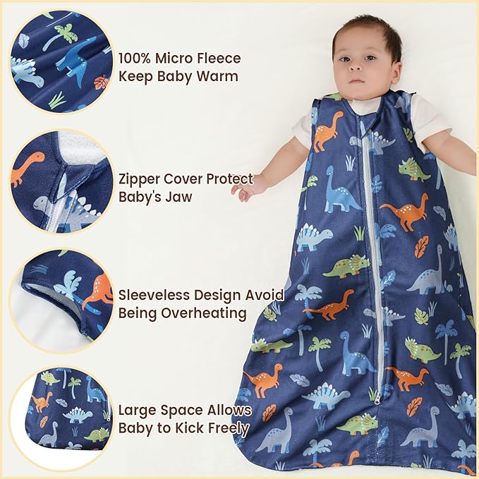 PHF Warm Micro-Fleece Baby Sleep Sack 12-18 Months, Soft Baby Wearable Blanket, 2-Way Zipper Sleeping Bags, 2 Pack Comfy Toddler Sleeping Sack for Boys, Large Size, Dinosaur