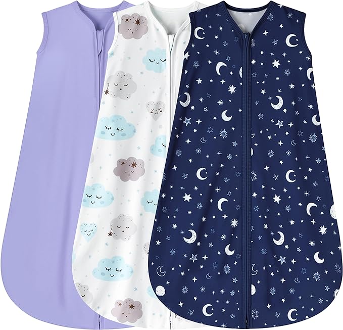BSTOPPT 3 Pack Baby Sleep Sack 18-24 Months 100% Rayon Cotton Baby Sleeping Bag 2-Way Zipper Toddler Wearable Blankets Comfy Stretchy Lightweight TOG 0.3 （Purple&Clouds&Starry Sky）