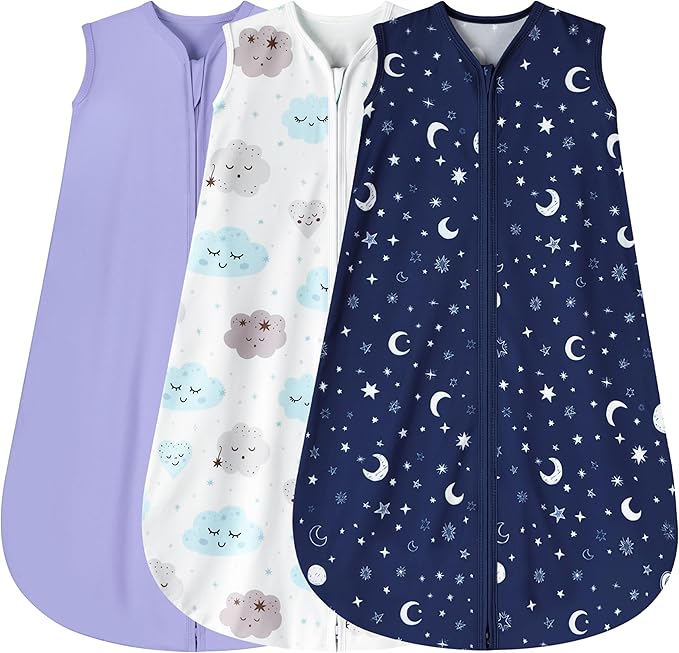 BSTOPPT 3 Pack Baby Sleep Sack 0-6 Months 100% Rayon Cotton Baby Sleeping Bag 2-Way Zipper Toddler Wearable Blankets Comfy Stretchy Lightweight TOG 0.3 （Purple&Clouds&Starry Sky）