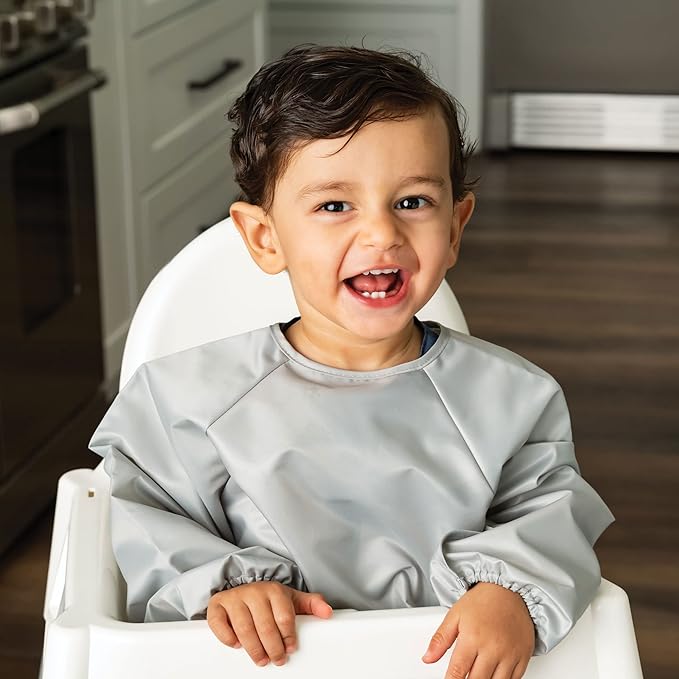 Tiny Twinkle Long Sleeve Bib for Babies & Toddlers | 2-Pack Waterproof Smock Bib for Eating | Machine Washable & Mess-Proof Feeding Essentials | Newborn Shower Gift (Grey Indigo,2-4Y)
