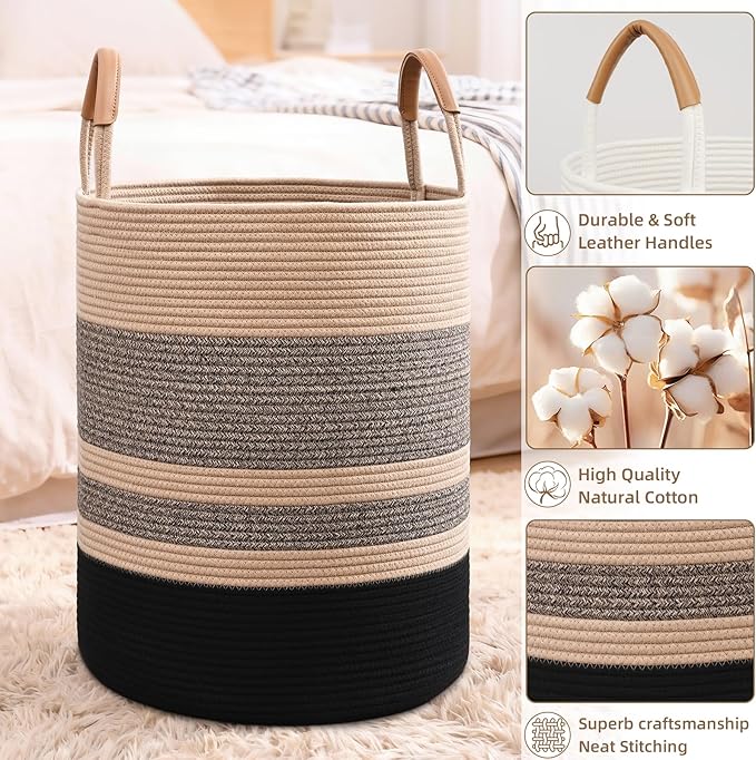 90L Striped Laundry Basket, Brown & Black Laundry Hamper with Leather Handles, Woven Cotton Rope Storage Bin for Blankets, Nursery Hamper for Clothes, Toys In Bathroom, Livingroom, Bedroom