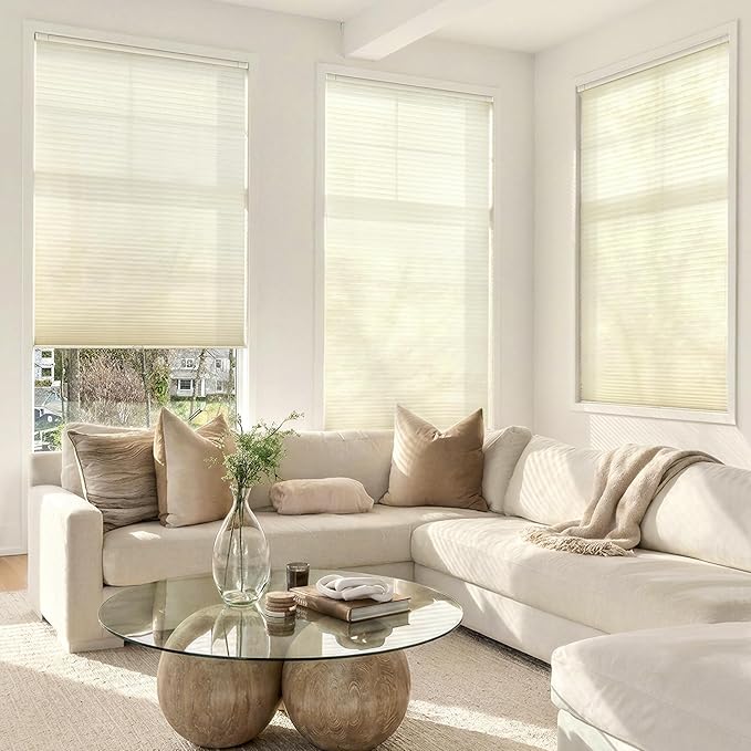 LazBlinds Cordless Cellular Shades, No Tools No Drill Light Filtering Honeycomb Shades Pleated Blinds for Windows, 27.5'' W x 48'' H, Cream