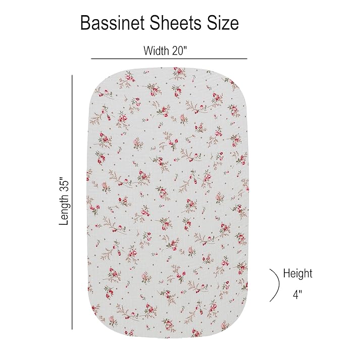 Onacosht Muslin Bassinet Sheets 3 Pack, 100% Cotton Baby Sheet 35" X 20" Compatiable with AMKE 3 in 1 Bassinets, MiClassic, Uiuwoo, Foalom, YADAQE, Milliard and TCBunny Bassinet, Pink and Floral