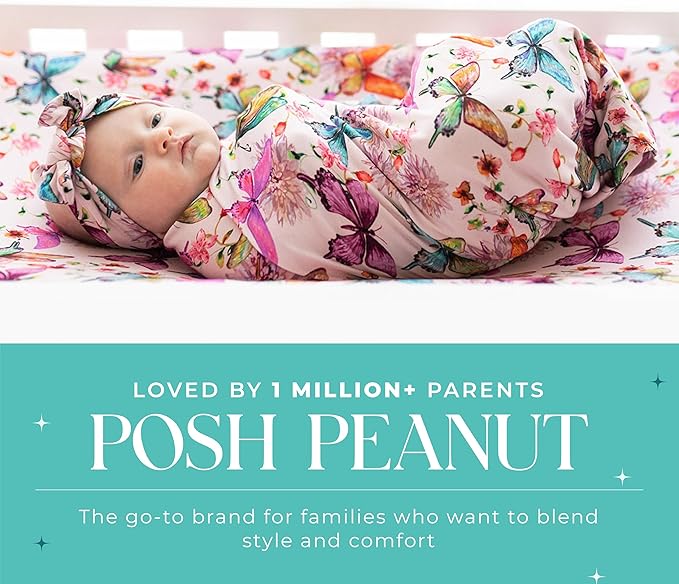 Posh Peanut Swaddle Blanket & Headband Set – Viscose from Bamboo Stretchy Baby Swaddle for Newborn Girls, Receiving Blanket or Nursing Cover (Watercolor Butterfly)