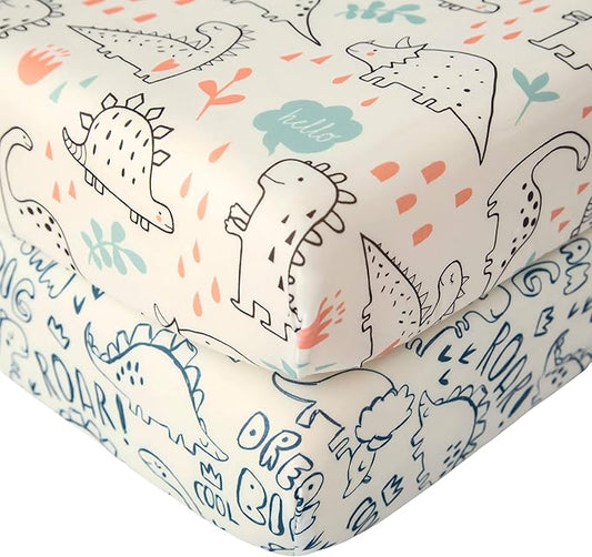 SDIII Dinosaur Pack N Play Sheets Fitted 2 Pack Stretchy Microfiber Jersey Knit Dino Mini Crib Sheets for Mattress 38x26 Soft Toddler Playard Bedding