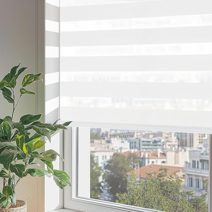 ChrisDowa Cordless Zebra Blinds for Windows, Dual Layer Free-Stop Light Filtering Window Roller Shades, Pull Down Privacy Zebra Shades for Home, Office, Bedroom, Door (33" W x 72" H, White)