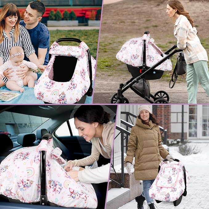 Car Seat Cover Baby, HNHUAMING Infant Car Seat Covers Canopy for Baby Girl Boy, Cozy & Windproof Unicorn Newborn Carseat Covers Minky Dot Backing Stroller Cover with Breathable Mesh Window, Rainbow