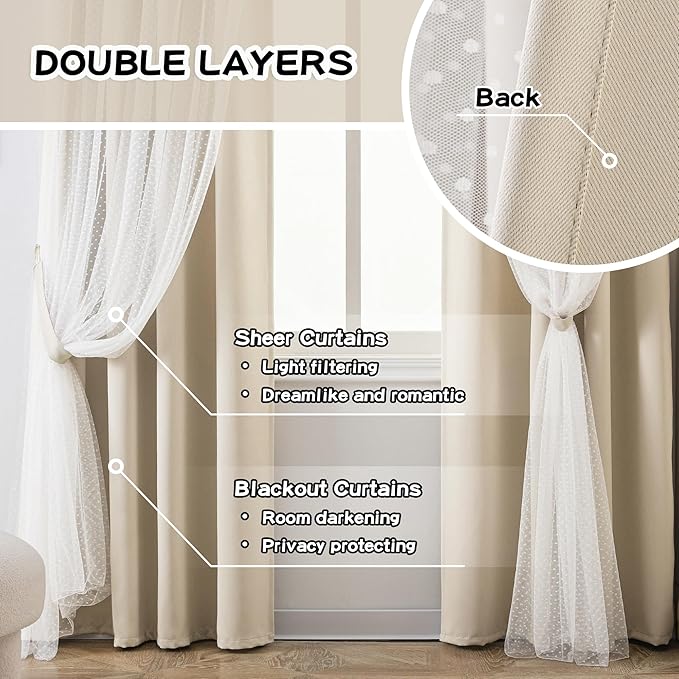 MYSKY HOME Beige Blackout Curtains for Living Room Elegante Modern Cream Double Layer Curtains for Nursery Kids Room, Grommet Tops, 52x95 Inch Each Panel, 2 Panels