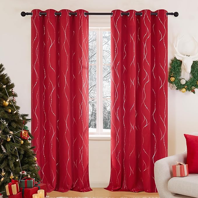 Deconovo Christmas Red Curtains, Blackout Thermal Insulated Soundproof Drape, Wave Line Dot Foil Print, 52 x 95 Inch, 2 Panels, Machine‑Washable Window Panel for Living Room Bedroom Sliding Glass Door