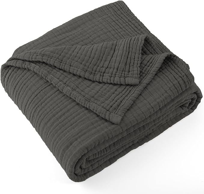 Carriediosa 100% Cotton Muslin Throw Blanket 50" X 70" Twin XL Size，4-Layers Summer Gauze Throws for Bed Couch，Soft Lightweight Breathable Linen Blankets Bedspread for Adults All Season，Dark Grey