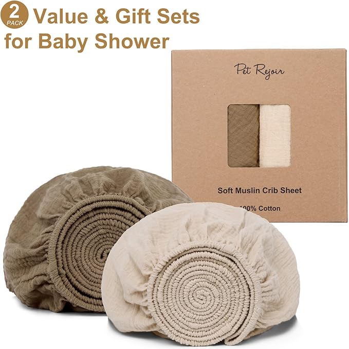PET REJOIR 2 Pack Muslin Fitted Crib Sheets for Baby Girls & Boys-Neutral Breathable Crib Mattress Protector for Standard Crib Mattress(28"x 52")-Soft No Slip Cotton Bedding-Taupe Brown & Light Beige