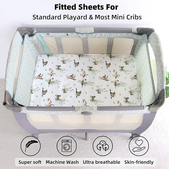 LifeTree Crib Sheets for Baby Unisex - Muslin Fitted Crib Sheets Toddler Bed Sheet, 70% Viscose from Bamboo and 30% Cotton, Fits Mini Crib & Pack and Play Playard, Mallard Duck, 26in x 38in