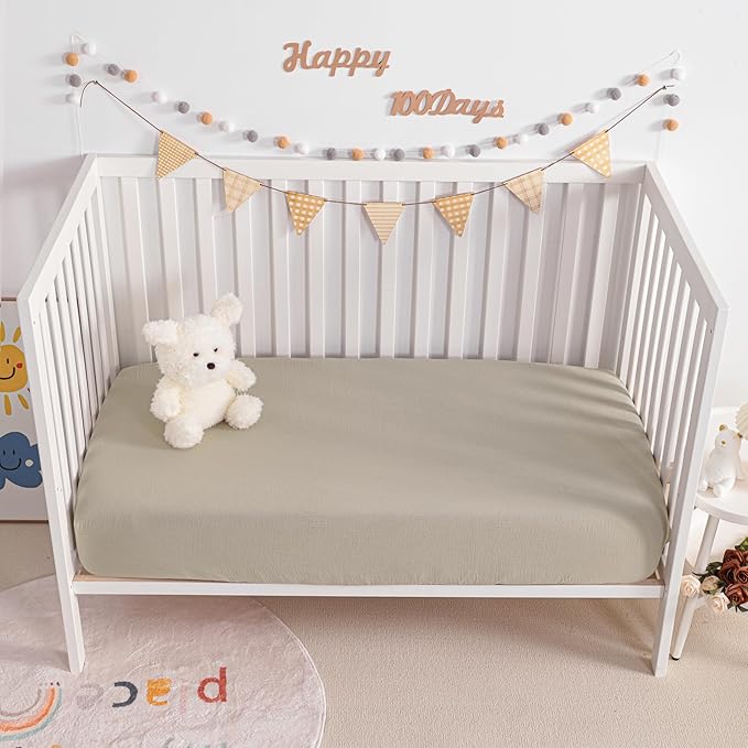 NTBAY 2 Pack Muslin Cotton Crib Sheets, Soft and Breathable Double Layer 28x52 Baby Crib Sheets for Standard Crib and Toddler Mattresses, Boys, Girls, Unisex, Khaki, 28x52 Inches
