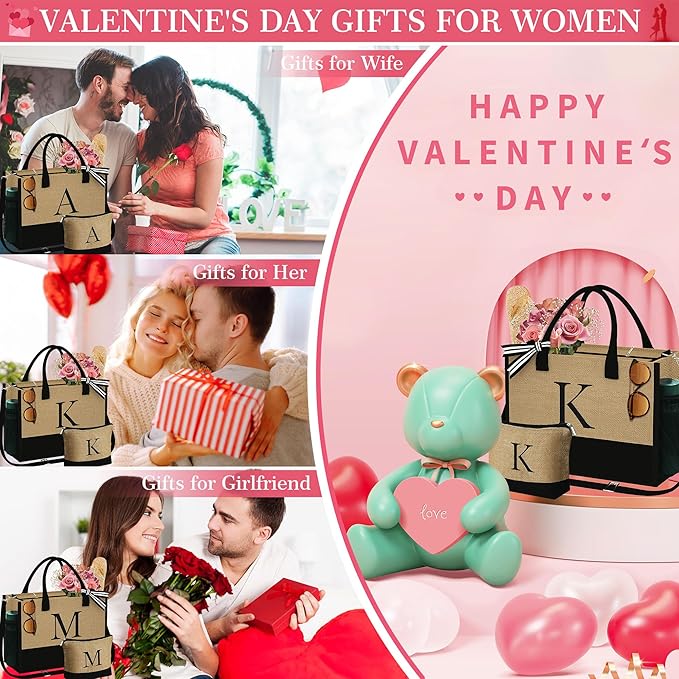 YOOLIFE Valentines Day Gifts for Her - Initial Jute Tote Bag & Makeup Bag, Birthday Gifts for Women Teacher Mom Wife Friend