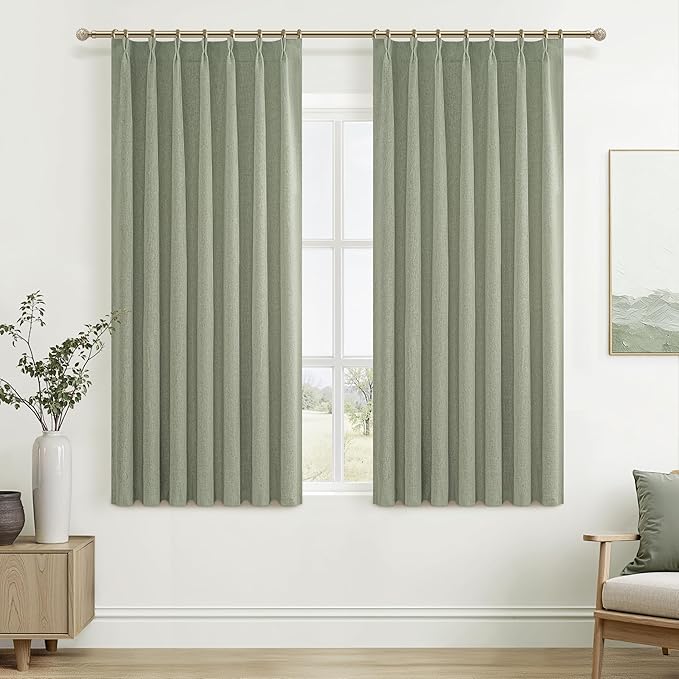 Sage Green 54 Inches Length Blackout Linen Short Curtains for Living Room/Bedroom/Kitchen, Pinch Pleated Small Boho Light Green Drapes Viral Dining Window Curtain Thermal Insulated (40"Wx54"L2 Panels)