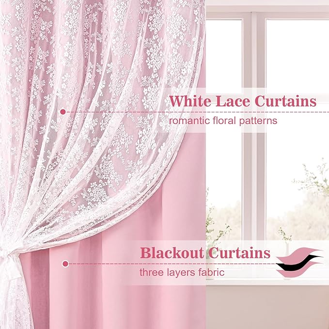 Yinhua Pink Blackout Curtains for Bedroom Double Layer Nursery Curtains for Living Room 84 Inch Length 2 Panels Set Kid Curtain with Floral Sheer Overlay, Grommet Drapes with Tiebacks, 52" W x 63" L