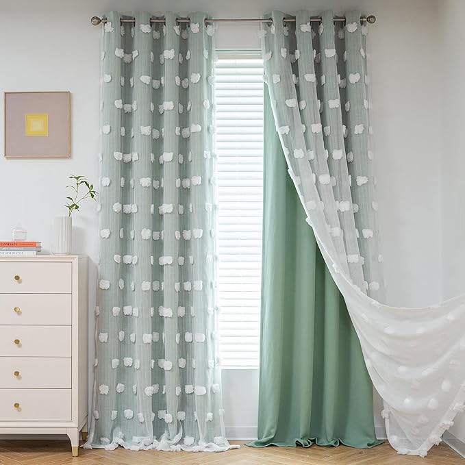 MYSKY HOME Aqua Curtains for Kids Room Nursery Curtains 72 Inches Long for Girls Bedroom Double Layer Curtains White Pom Pom Sheer Curtains for Dining Room Grommet Room Darkening Panels W52 X L72