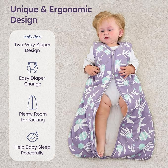 Unnivoll Baby Sleep Sack 12-18 Months TOG 2.5 Winter Baby Wearable Blanket, 100% Cotton Toddler Sleeping Sack with 2-Way Zipper Warm Soft Purple Leaf