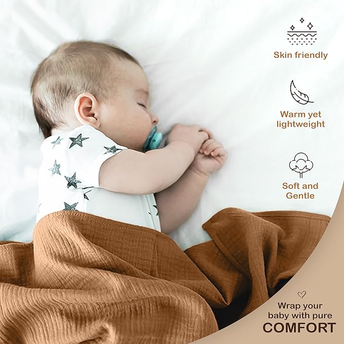 100% Organic Cotton Muslin Baby Blanket - 47 x 47 Inch Breathable Baby Blankets for Girls, Hypoallergenic Double-Layer, Soft and Cozy Newborn Baby Blanket for Sleeping & Everyday (Gold/Sage)