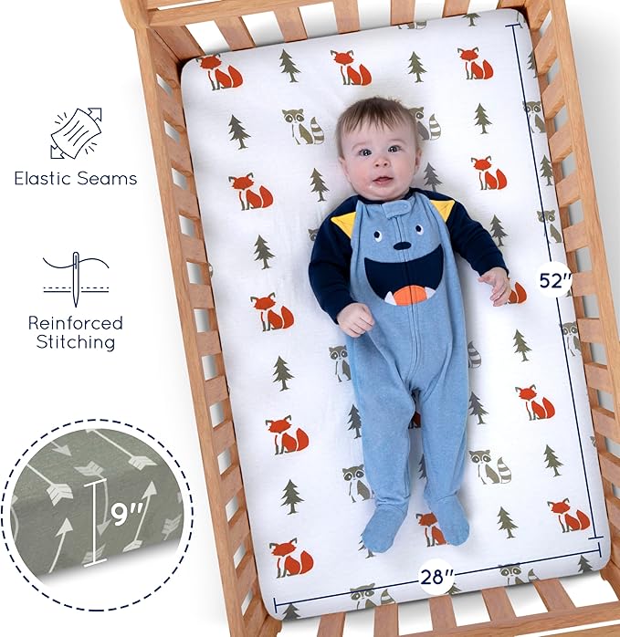 Fitted Unisex Crib Sheets (3 Pack) by GROW WILD - Jersey Knit Cotton Crib Sheets for Boys or Girls, 52” x 28” x 9” Crib Bedding Set (Forest Fun)