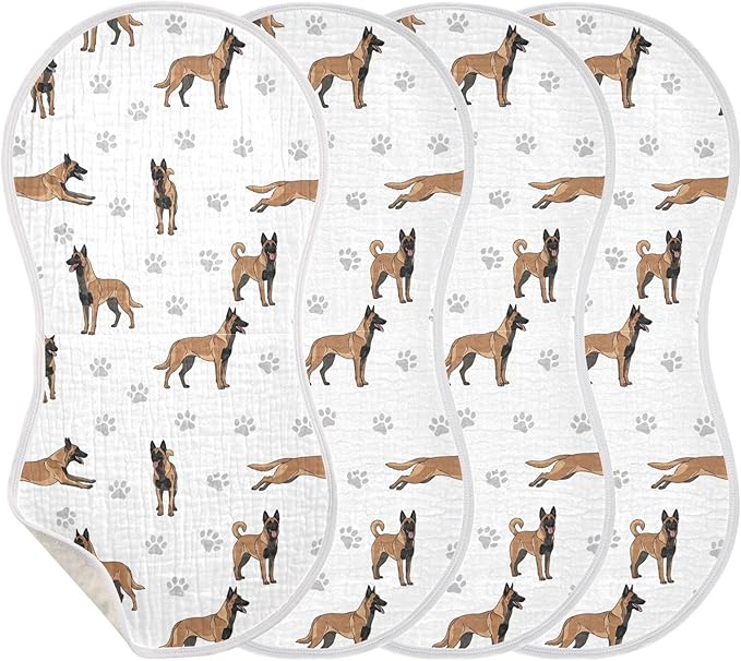 Qinllo 4 Pack Muslin Burp Cloths Belgian Dog Paw Prints White Cotton Baby Burp Cloths Extra Absorbent and Soft Thick Burping Cloth for Newborn Must Haves 22x11 Inch