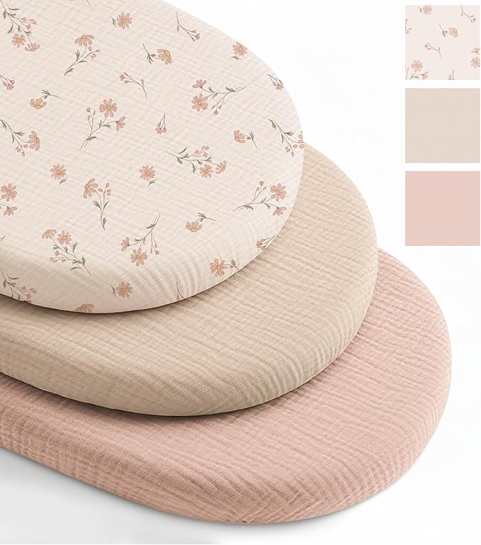 Niceye Muslin Baby Bassinet Sheets 3-Pack 100% Cotton (33" x 15") Sleeper Bassinet Fitted Sheets for Oval & Hourglass Mattresses, Unisex for Baby Girl/Boy（Pink）