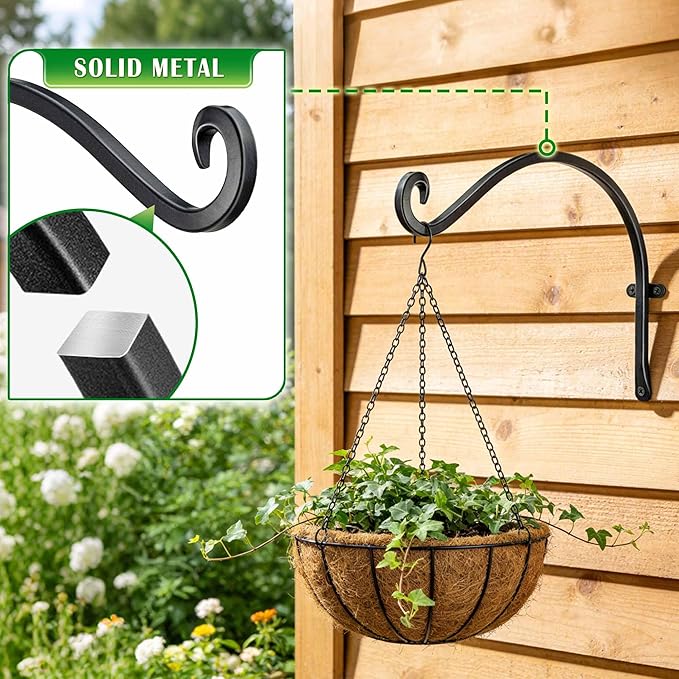 Hanging Plant Brackets Outdoor: 50 lbs Heavy Duty Metal Wall Hooks, 12 Inch Rustproof Hanging Plant Hangers for Bird Feeders, Lanterns, Balcony Fence, 2 Pack